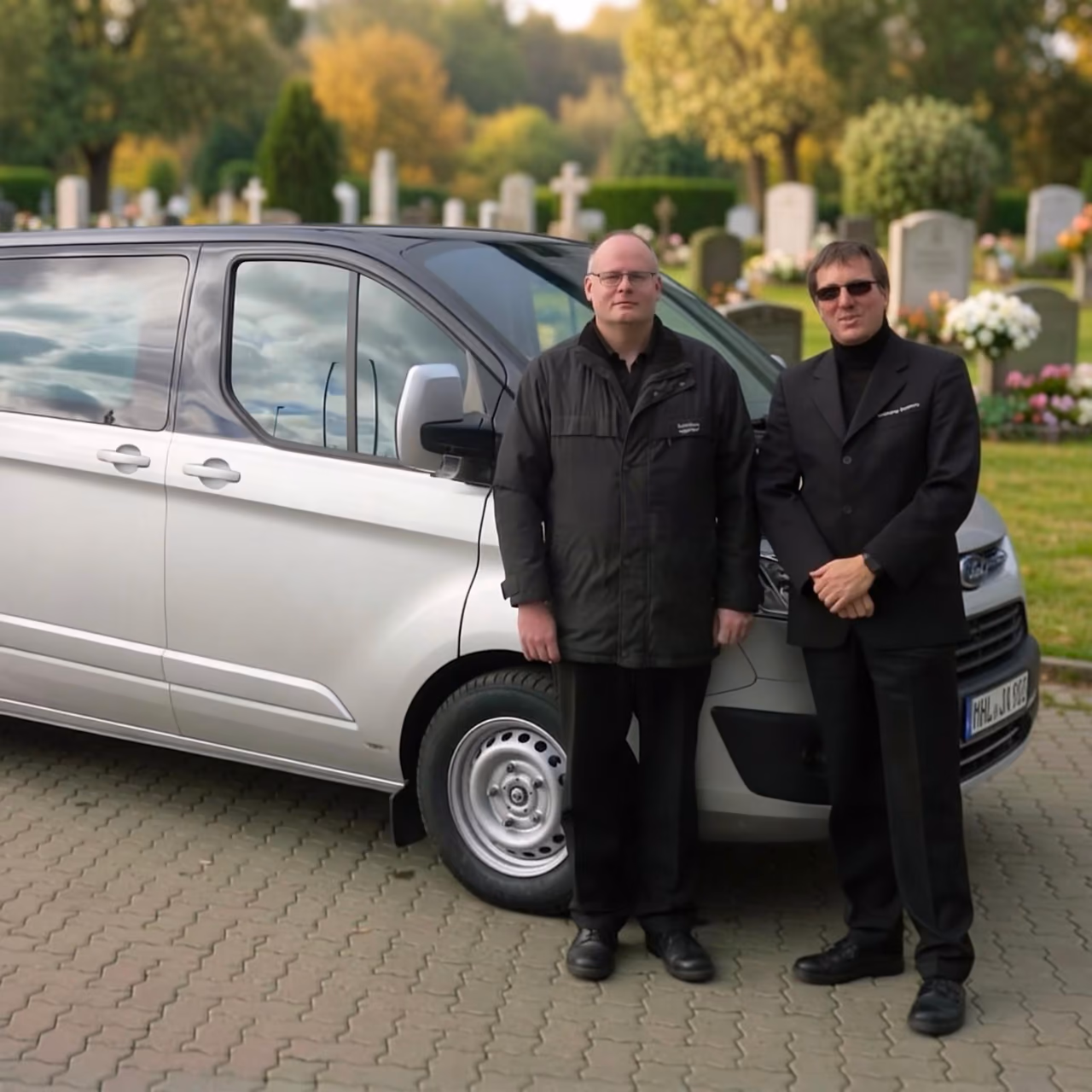 Zwei Bestatter aus unserem Team vor unserem Bestattungswagen